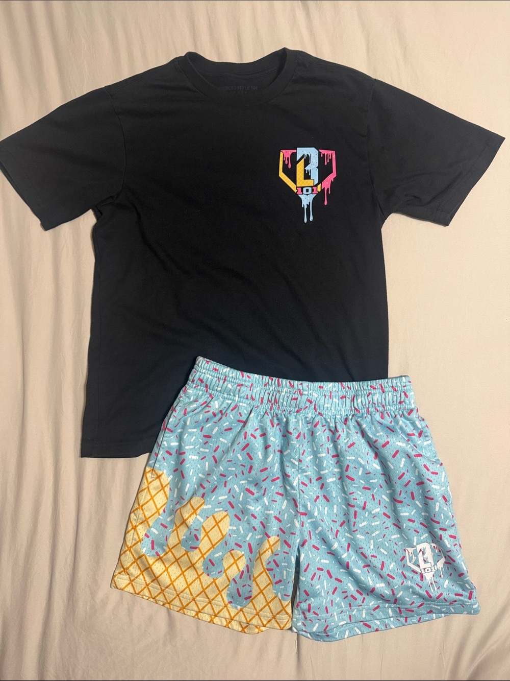 Kids Black T-Shirt YXL and Blue Ice Cream Print Shorts YL Matching Set